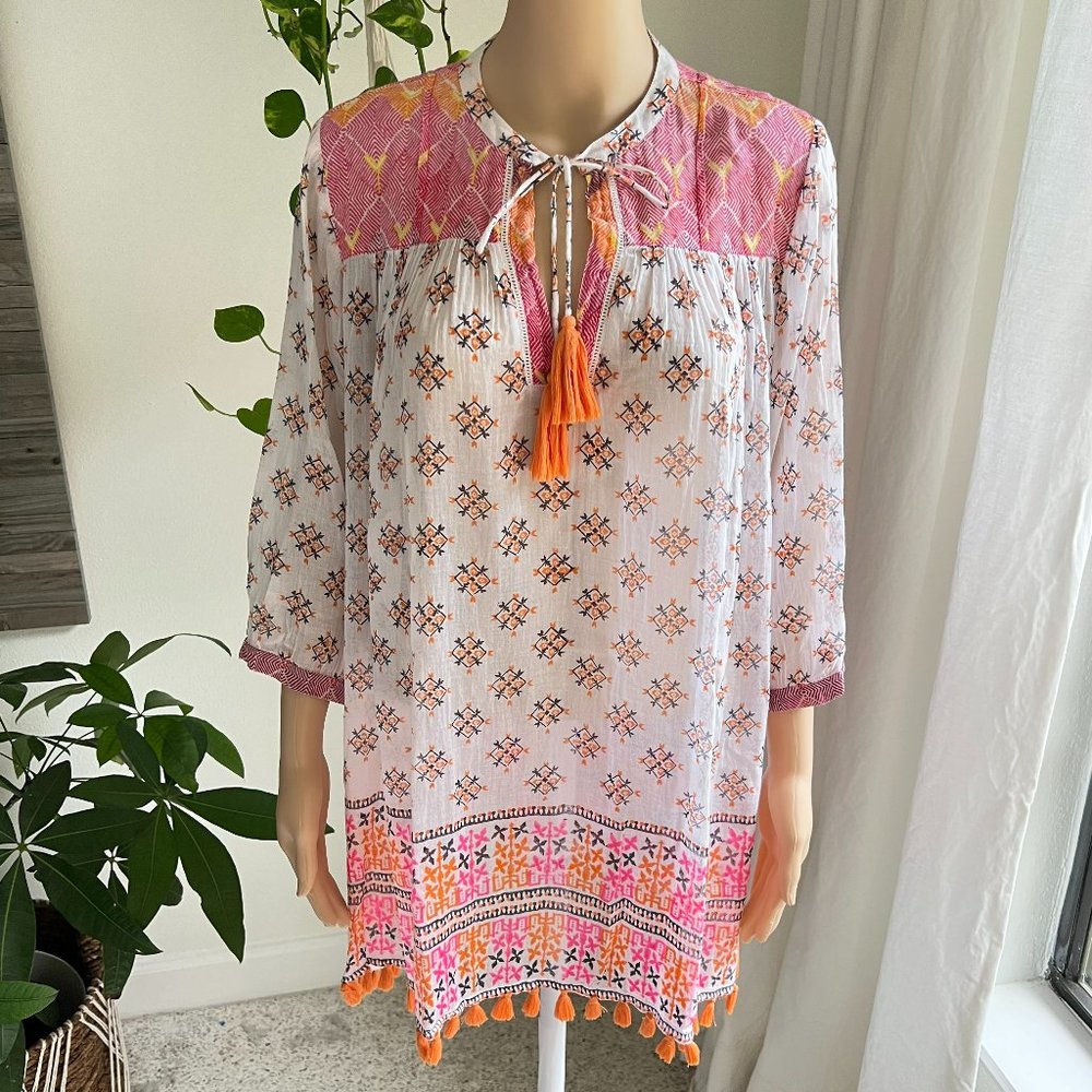 ROBERTA ROLLER RABBIT Boho Seraphina Mixed Print White Pink Orange Cotton Tunic